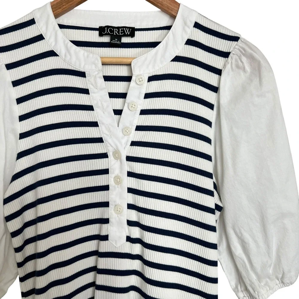 J.Crew Navy Blue Striped Rubbed Puff Sleeve Henley Blouse SZ M Nautical Coastal